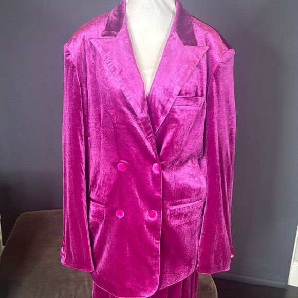 Women’s Pink Double Breasted Velvet 2 Piece Pant Suit Peak Lapel Size L NWT - Picture 2 of 13